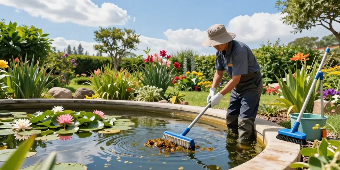 Pond Clean Kent service showing professional cleaning garden pond, removing algae and debris.