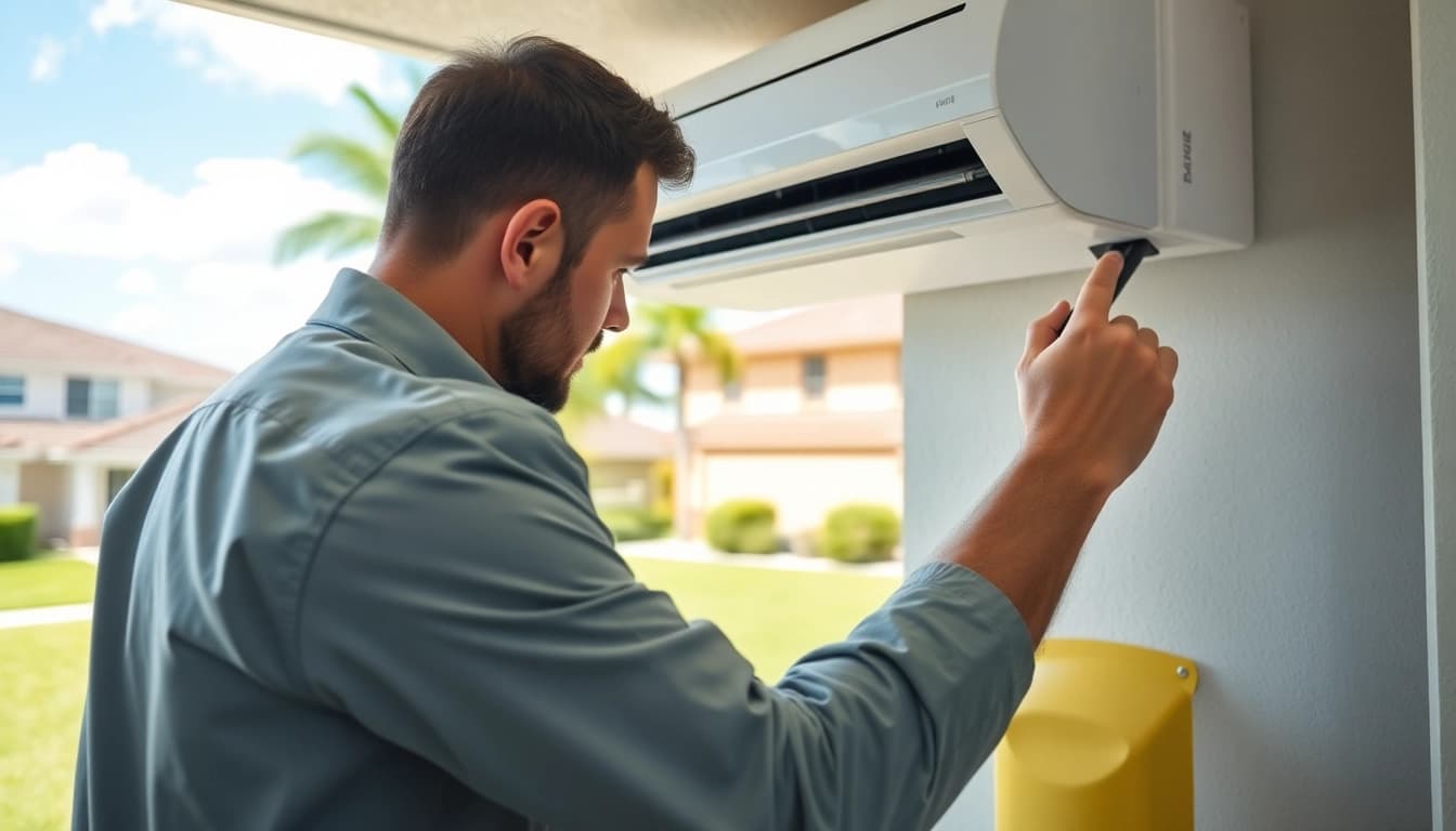 Professional HVAC Repair Tampa expert inspecting an air conditioning unit in a sunny neighborhood.