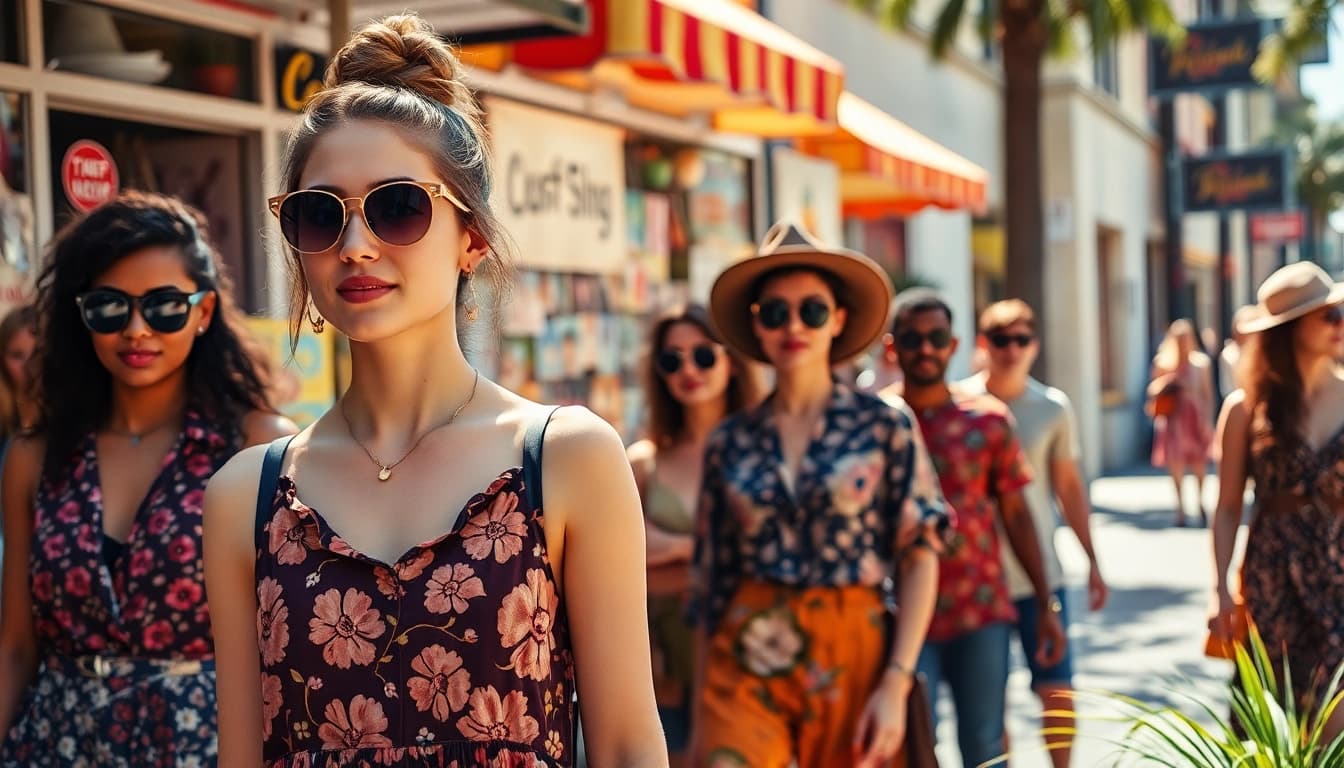 Shop stylish vintage clothing at https://thrift-vintage.com featuring unique thrift fashion in a bustling street setting.