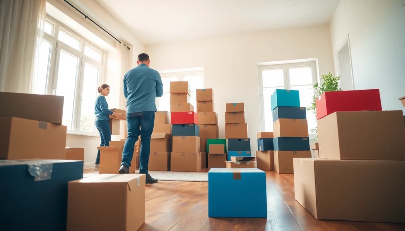 Organized removals near me in action with professional movers packing boxes.