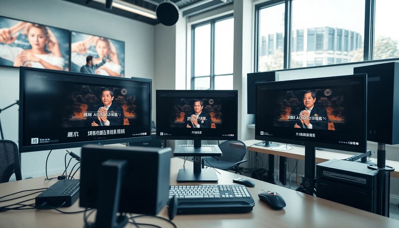 Engage with video translation services presented in a modern workspace featuring multilingual outputs.