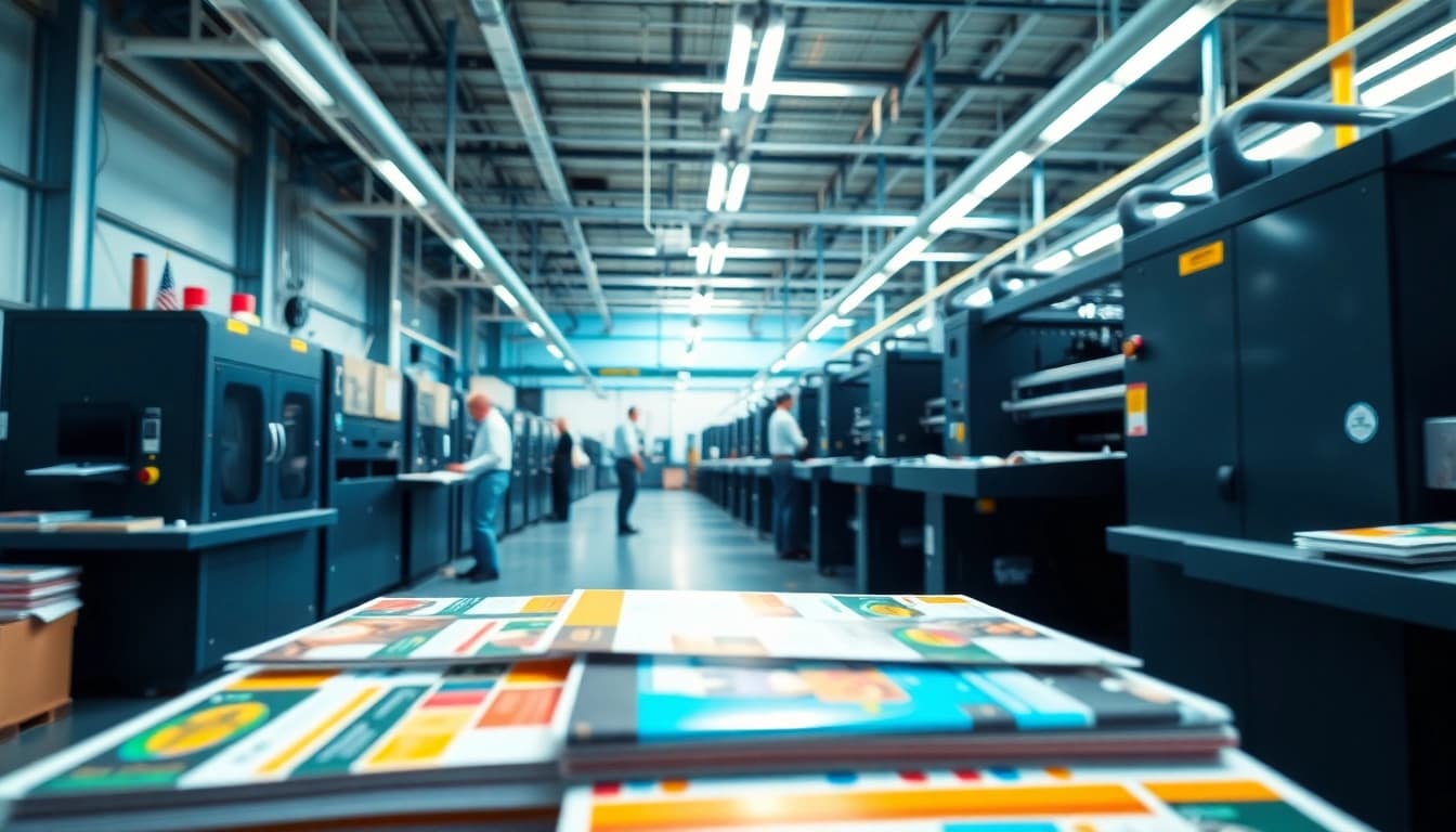 Apex Direct Mail showcasing vibrant print materials in a professional printing facility.