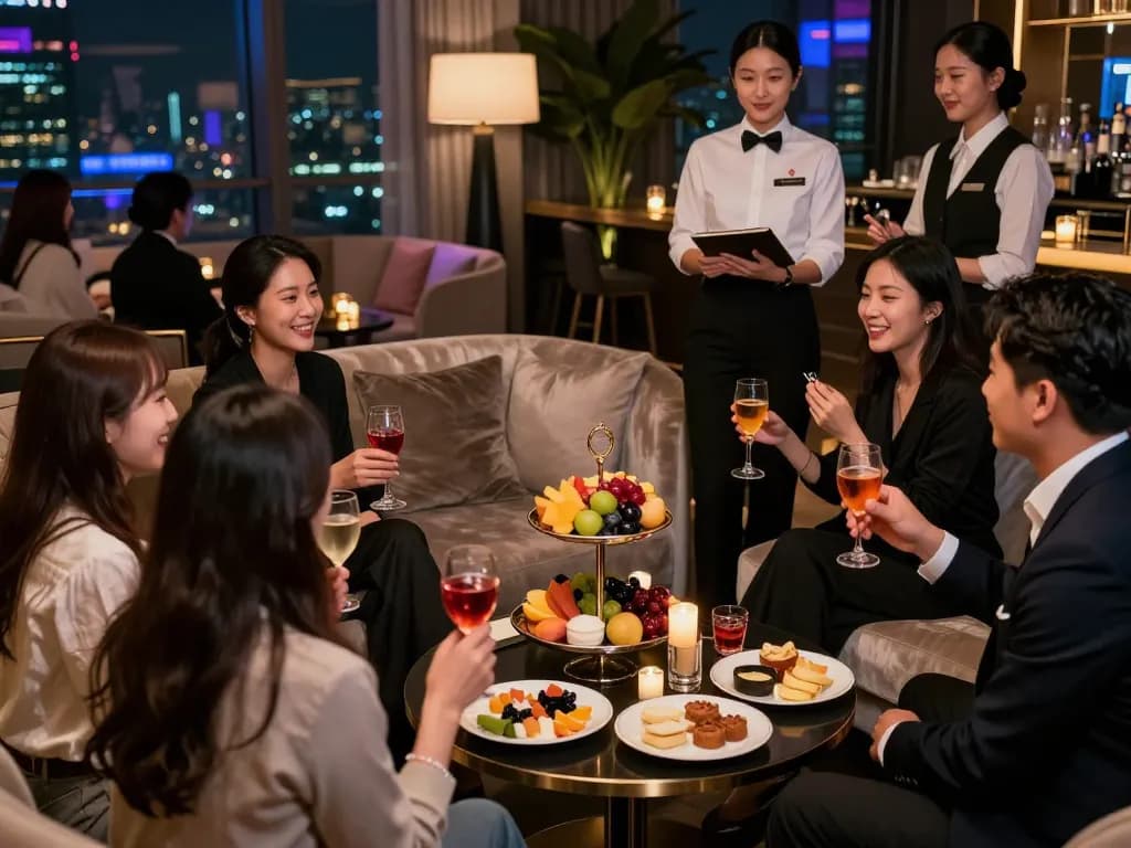 Guests enjoying a sophisticated atmosphere at 강남쩜오 lounge.