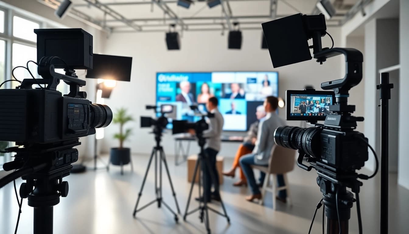 Engaged team collaborating on corporate video production Phoenix amidst modern studio equipment.