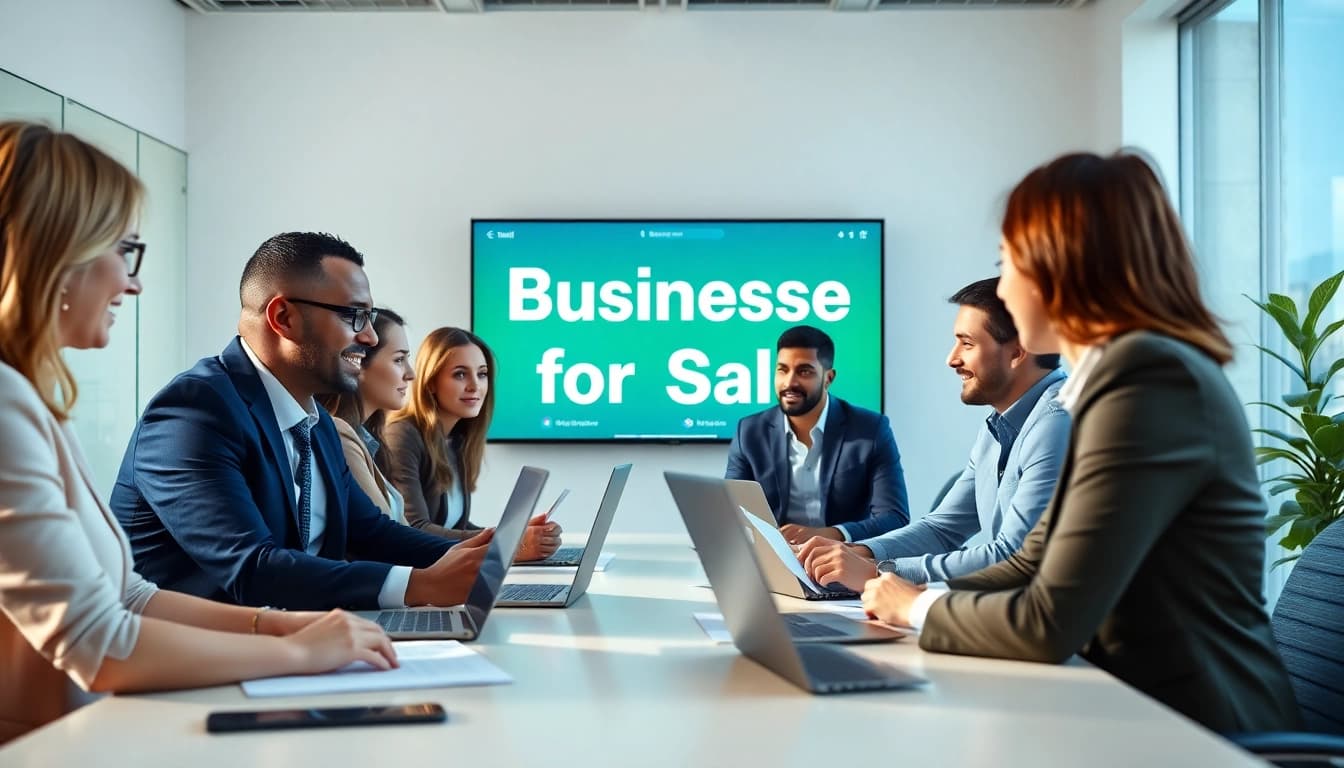 Entrepreneurs discussing opportunities with 'Businesses for Sale' displayed on a screen.