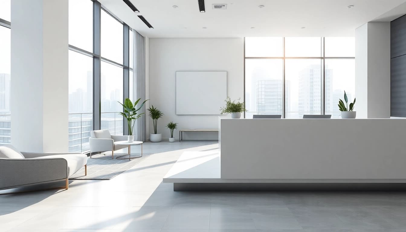 Real Estate modern office interior showcasing sleek design and welcoming atmosphere.