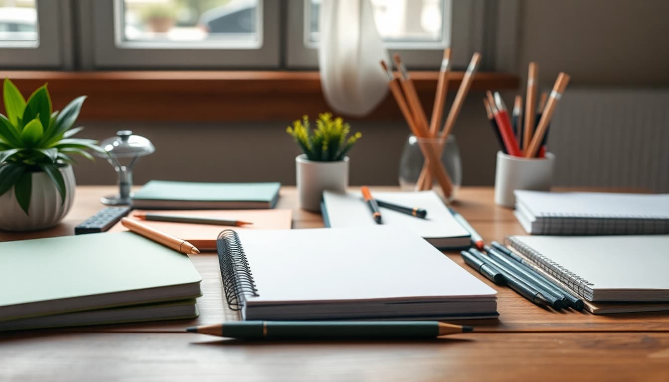 Showcasing elegant stationery items on a desk, highlighting their textures and designs.