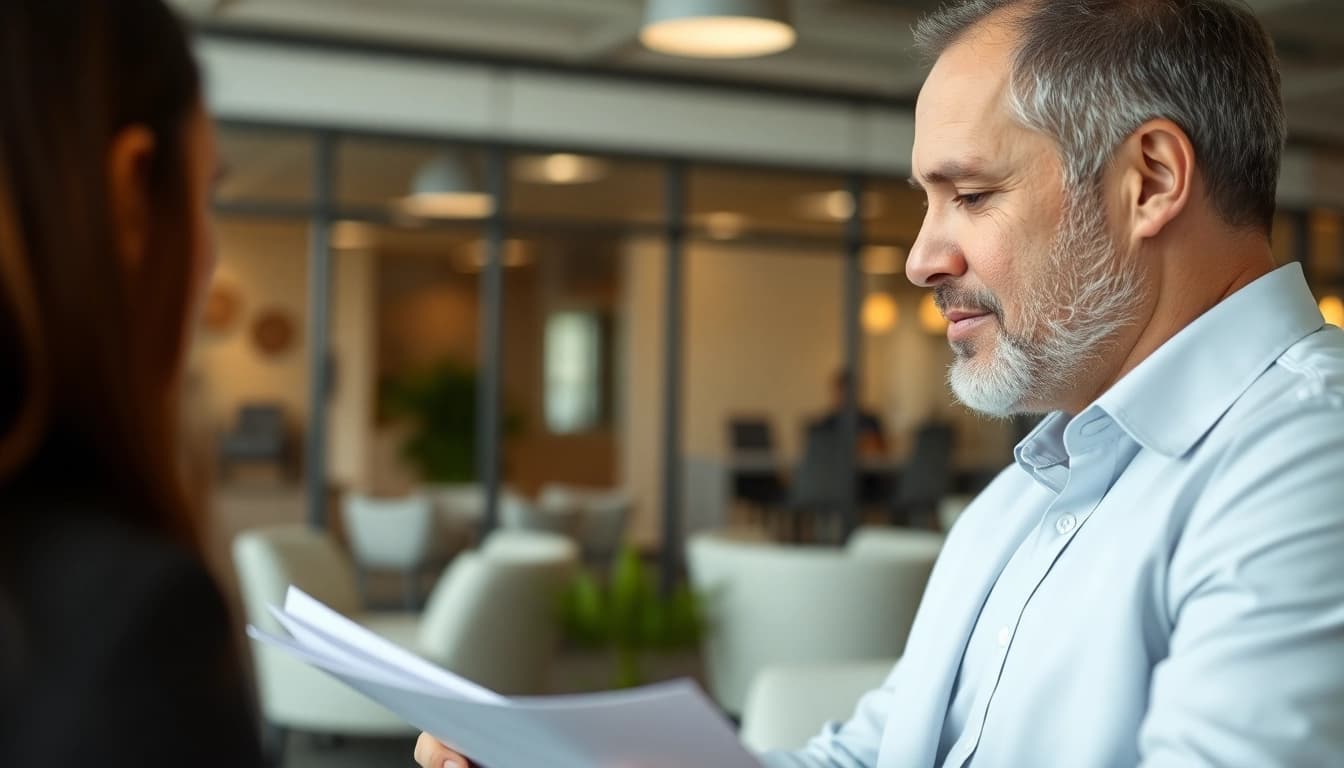 Fort Lauderdale workers compensation lawyer guiding a client through legal documents in a warm office setting.