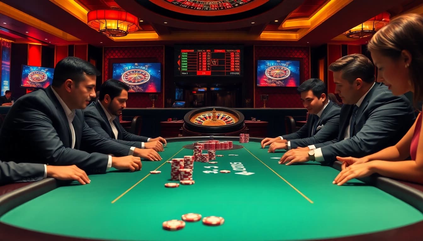 Engaging scene of poker players experiencing רמי אונליין excitement at a luxury casino.