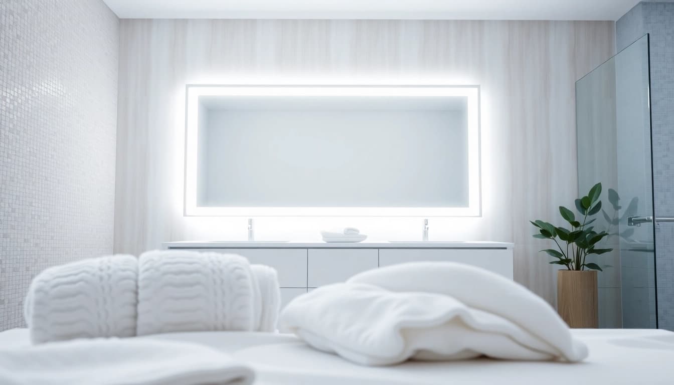 Helle beleuchtete spiegelschrank mit led Beleuchtung im modernen Badezimmer präsentieren