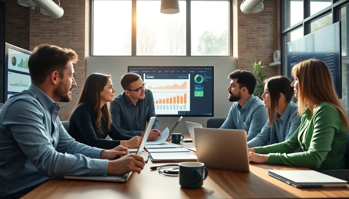 Marketing team collaborating using insights from https://www.pnmmedia.com in a modern office space.