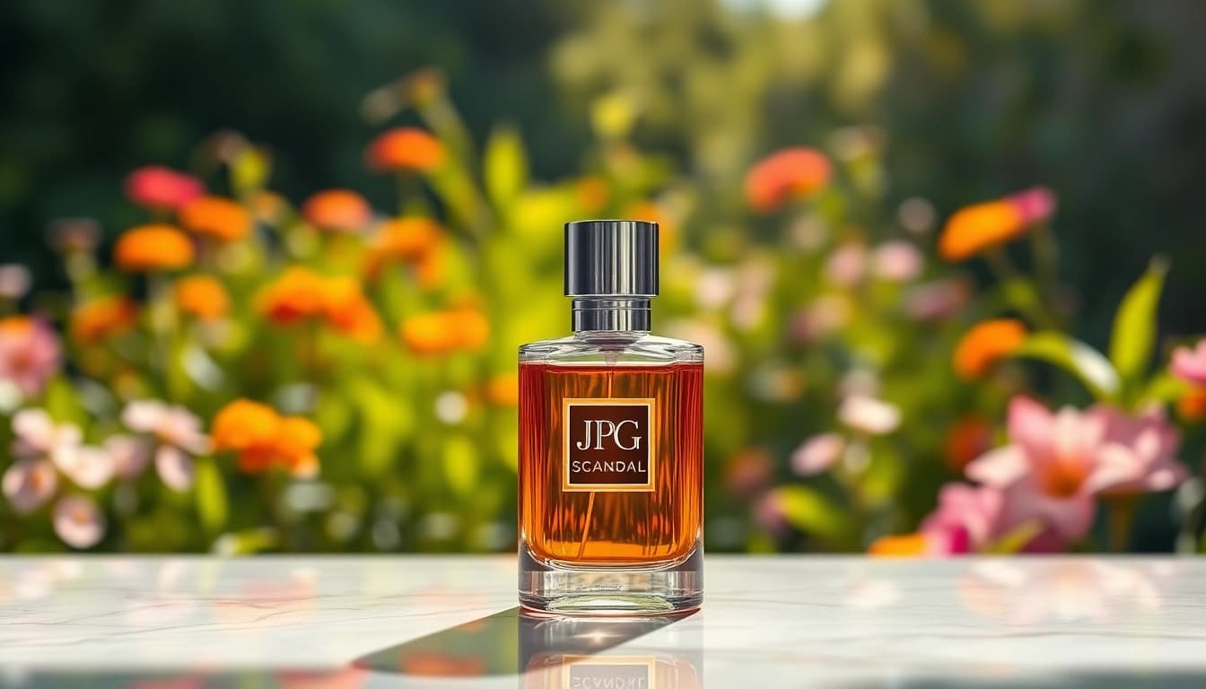 Showcase JPG Scandal fragrance bottle on a marble countertop amidst a vibrant garden, exuding luxury.