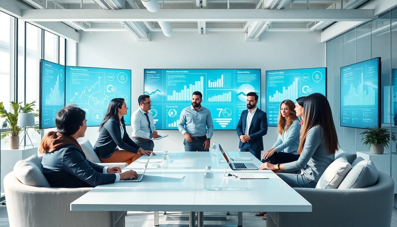 Engaged professionals collaborating on digital transformation services in a modern office.