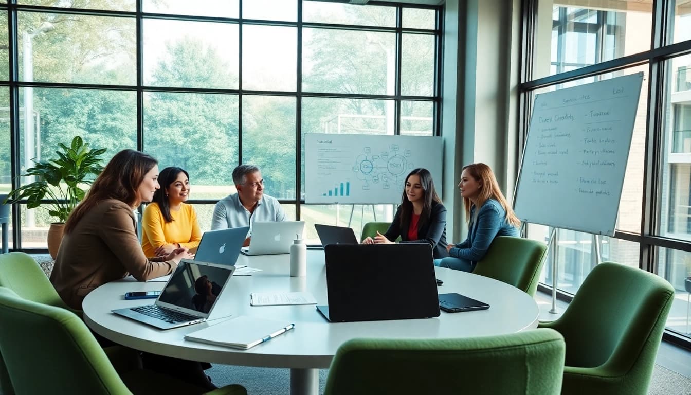 Engaging business professionals collaborating on innovative solutions in a dynamic environment.