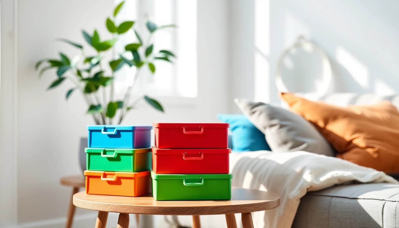 Organized storage boxes arranged beautifully in a bright living room setting.
