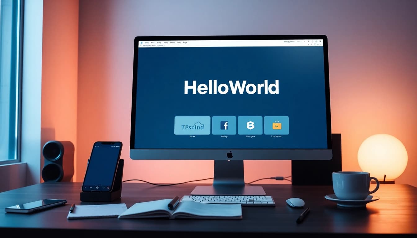HelloWorld software interface on a modern workspace computer, showcasing easy connectivity.