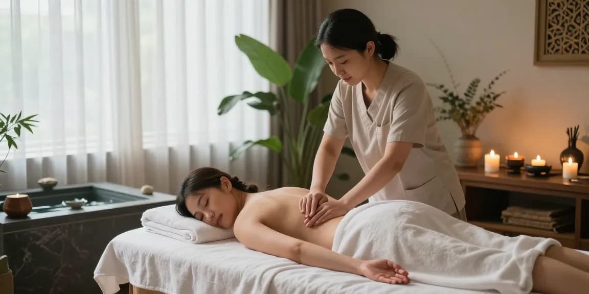 두정동마사지 중인 고객과 치료사의 차분한 분위기, 편안한 스파 환경