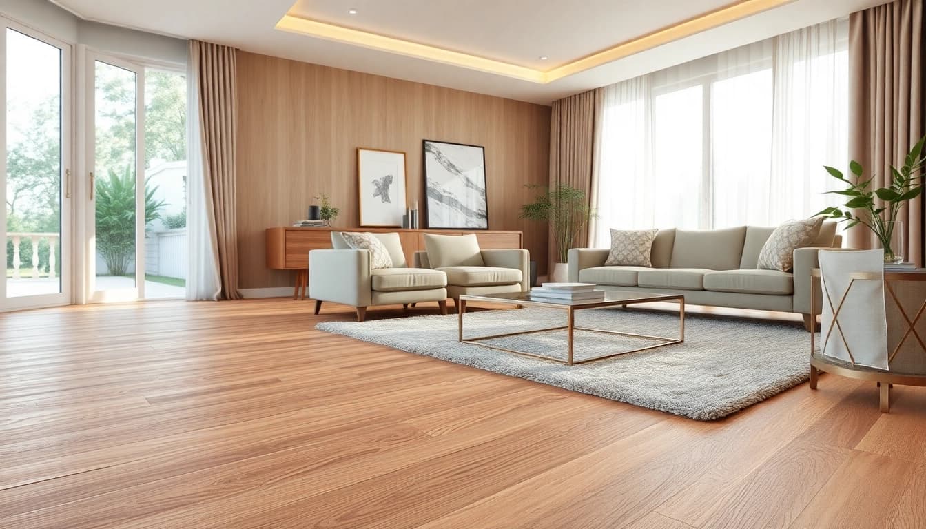 Showcase vinyl flooring in a luxurious living room with stylish furniture and natural lighting.