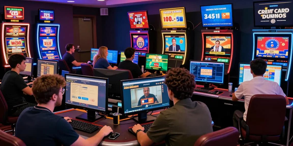 Engaging players at a credit card casino, excitedly enjoying a vibrant online gaming atmosphere with various games and promotions visible.