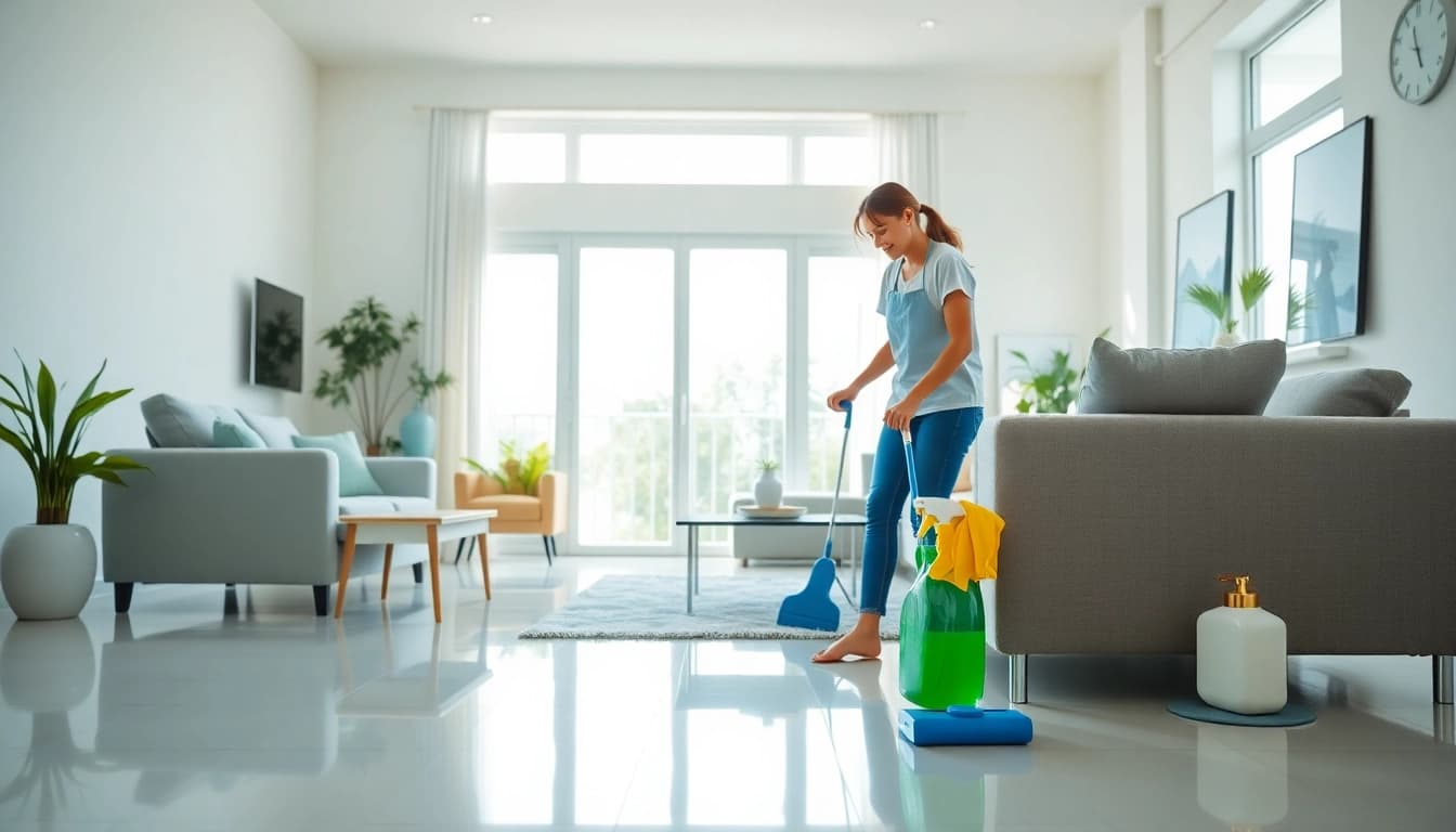 Clean living room showcasing a professional cleaning service with sparkling furniture and eco-friendly products.