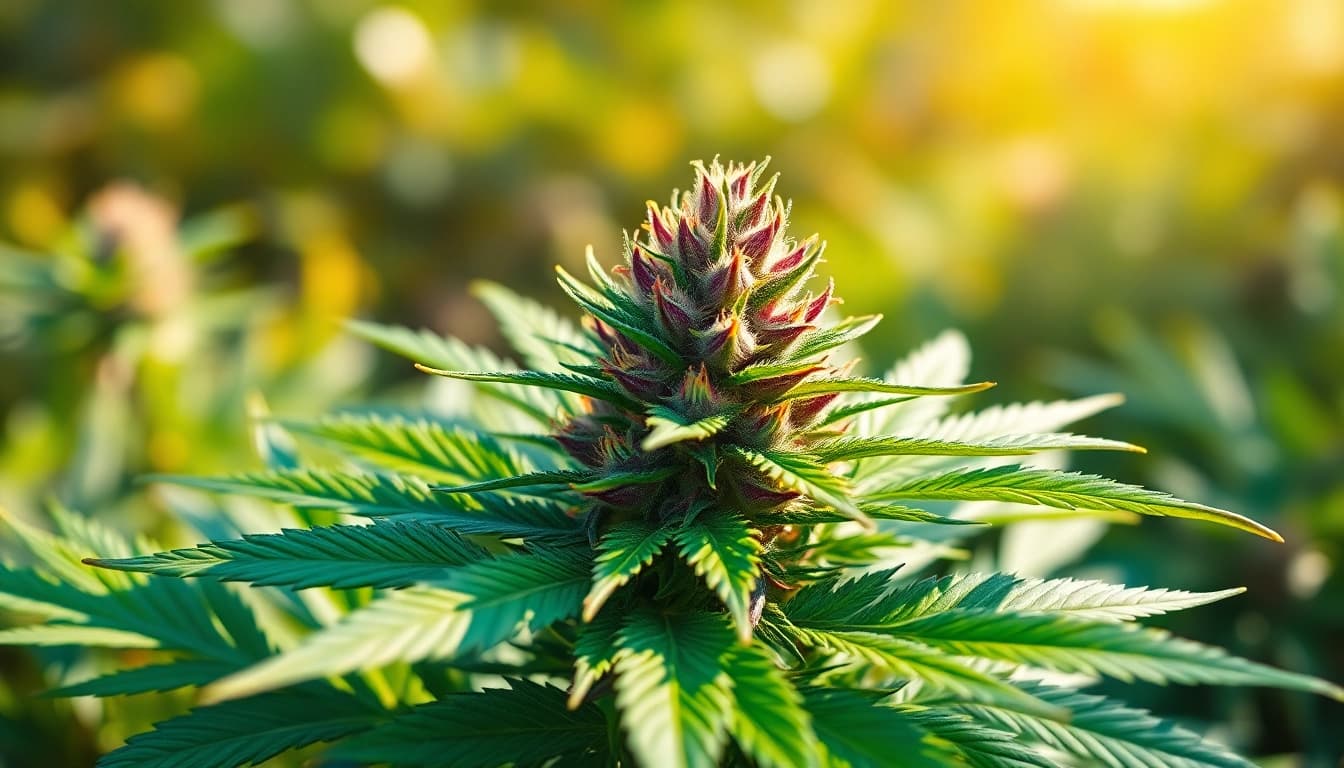 Buy weed near me with close-up of a healthy cannabis plant in natural sunlight.