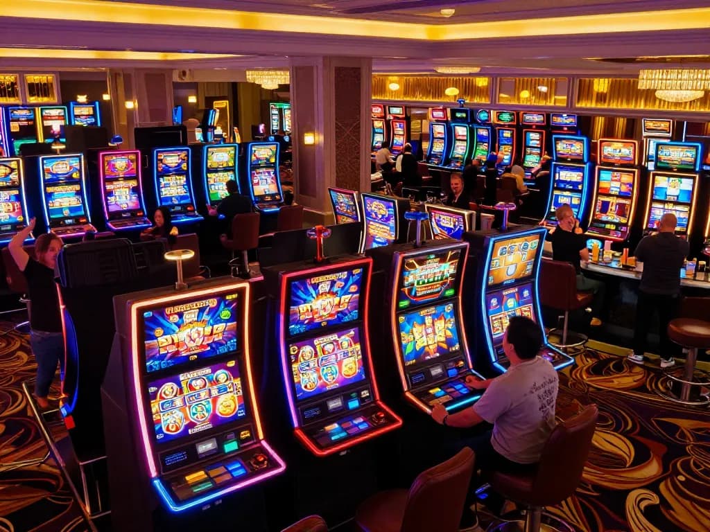 Players engaging with slot machines at DH88 casino, vibrant atmosphere and exciting moment captured