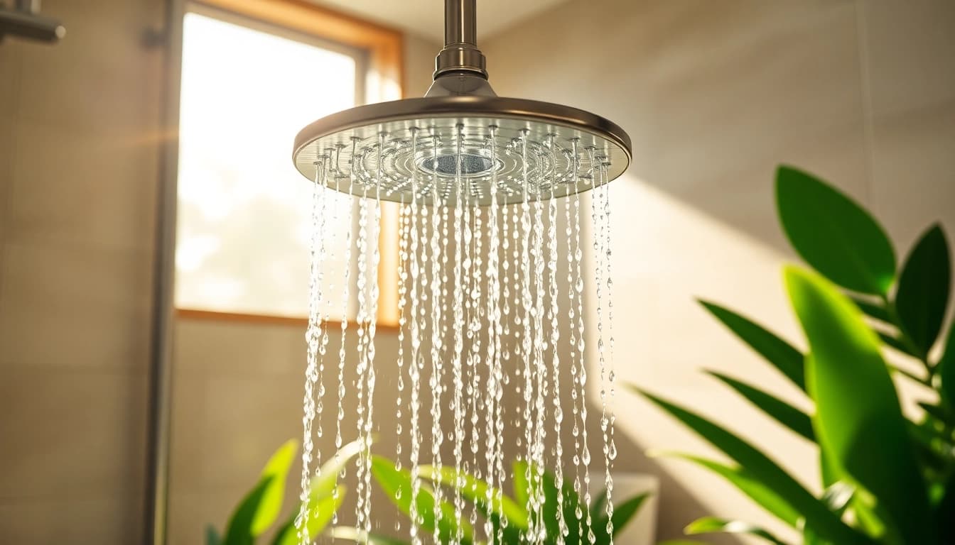 Enjoy the refreshing sunny shower experience with vibrant greenery and tranquil ambiance.