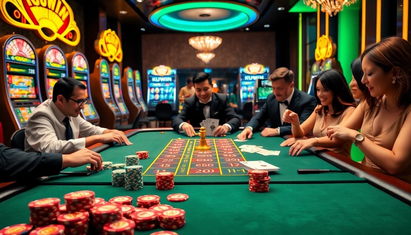 Experience the excitement of KUWIN at a luxury casino with vibrant tables and enthusiastic players.