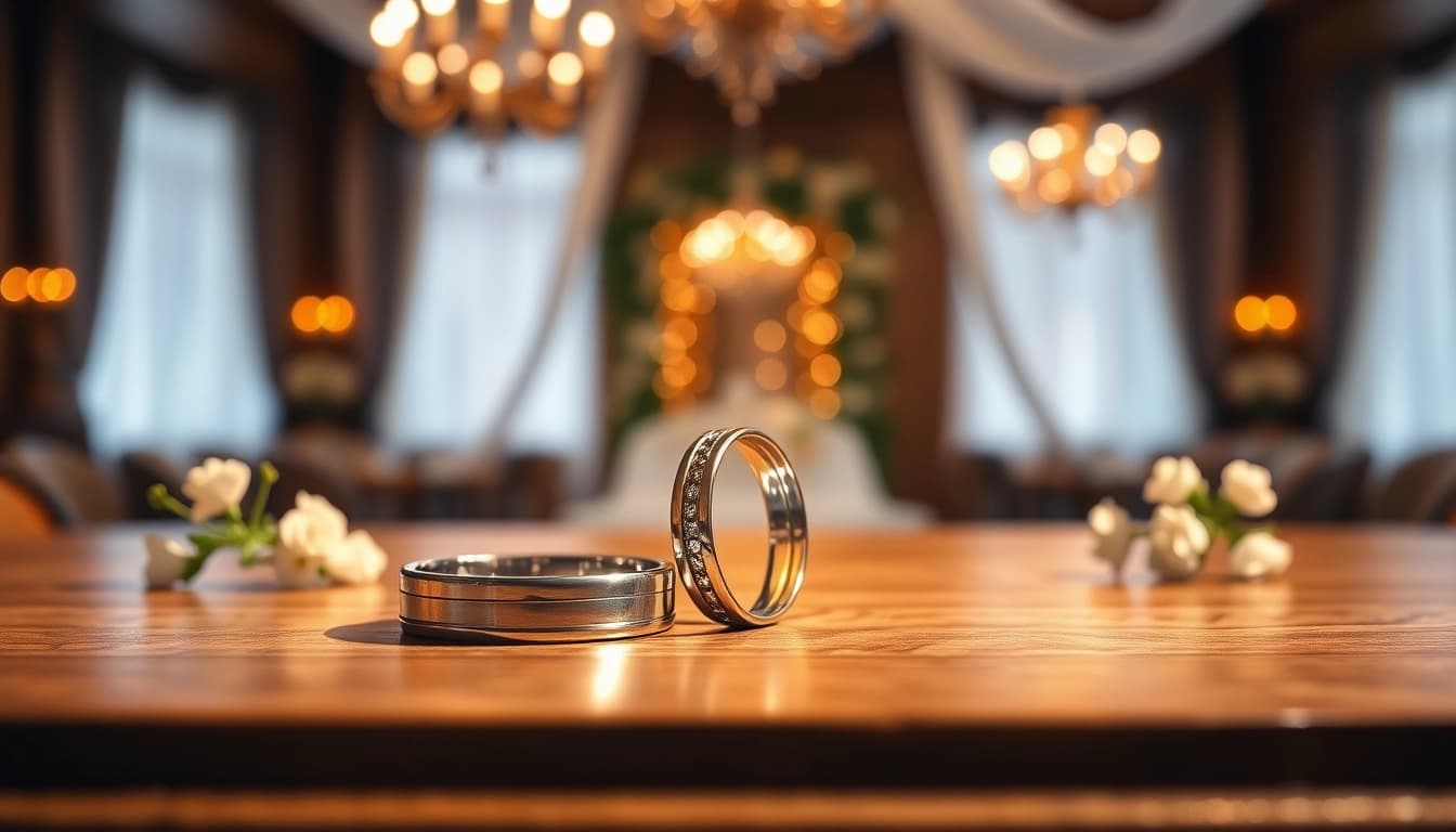 Showcasing luxurious mens wedding rings with elaborate designs on a polished surface.