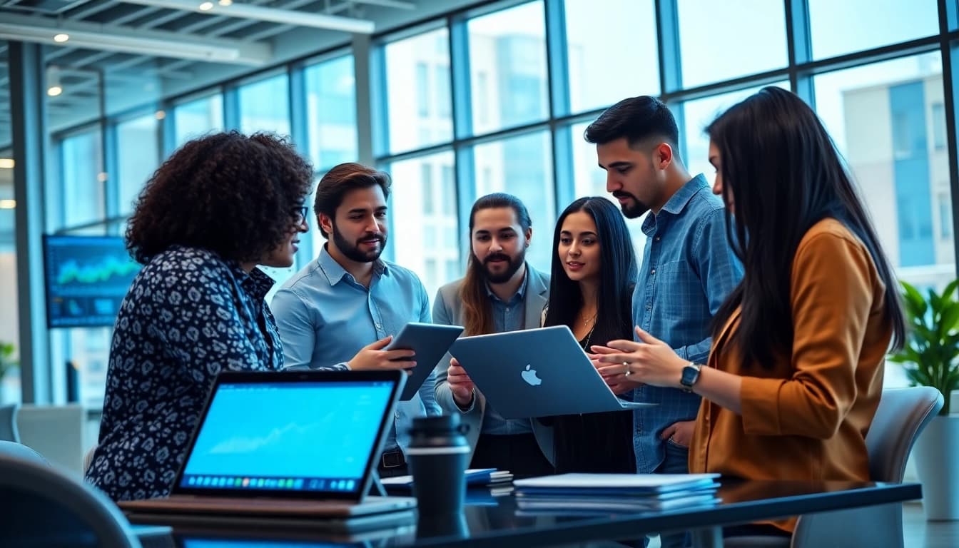Engaged team members at an Agency collaborating in a modern workspace with analytics displayed.
