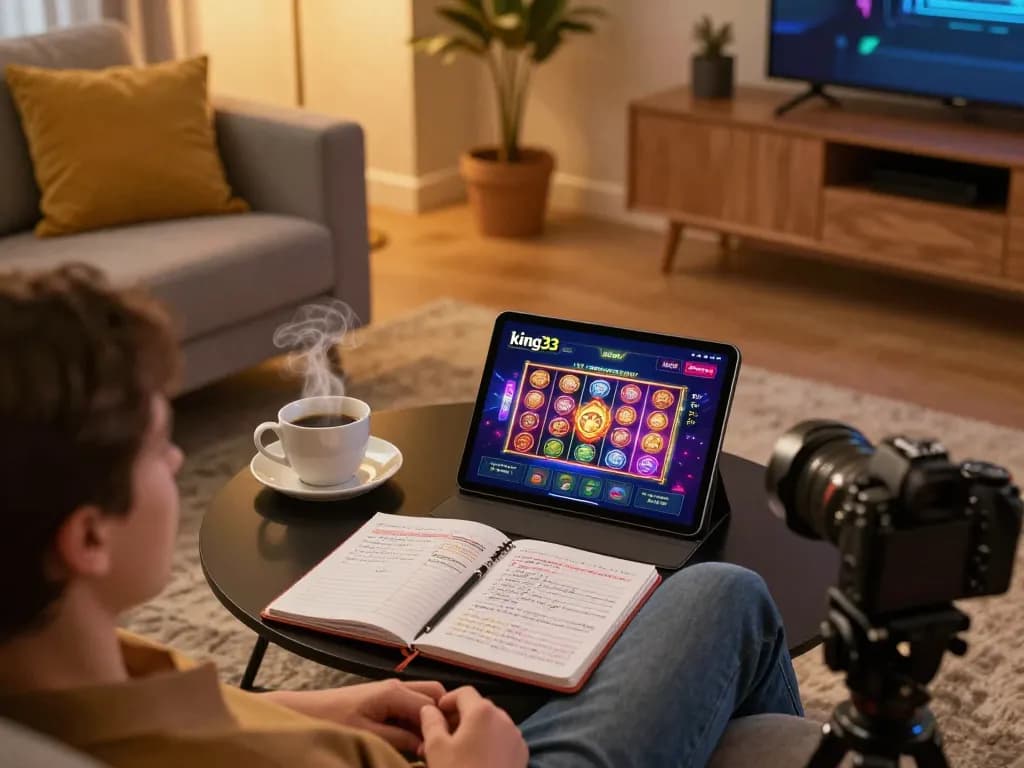 Engaging with king33 app on tablet during a cozy online gaming session at home, showcasing betting strategies.