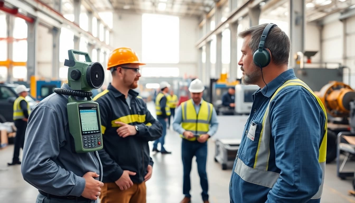 Conducting a noise assessment survey in an industrial setting with sound level meters.