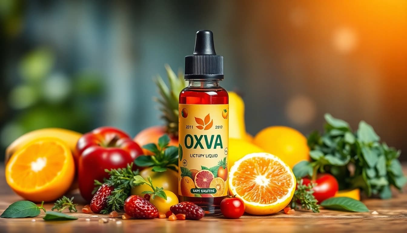Erfrischendes Oxva Liquid mit leuchtenden Früchten auf einem Holztisch stilvoll präsentiert.