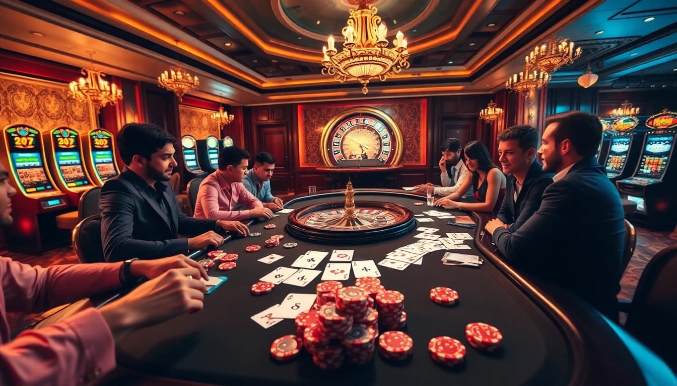 Players enjoy an exciting poker game featuring unique 79king chips and cards at a luxurious casino table.