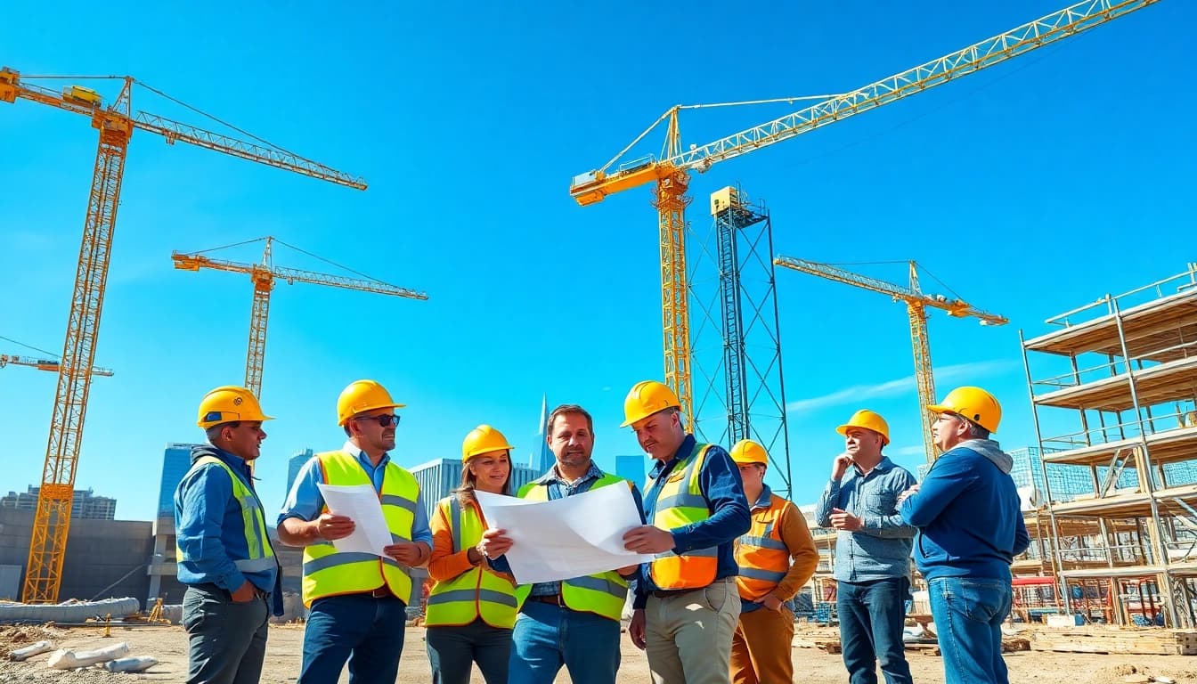 Construction association denver team collaborating on-site with blueprints against a skyline backdrop.