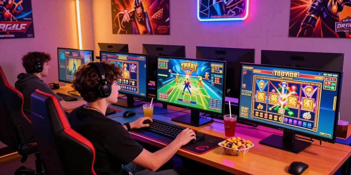 Exciting gaming space showcasing slot depo 1000 gameplay with bright visuals and multiple screens.