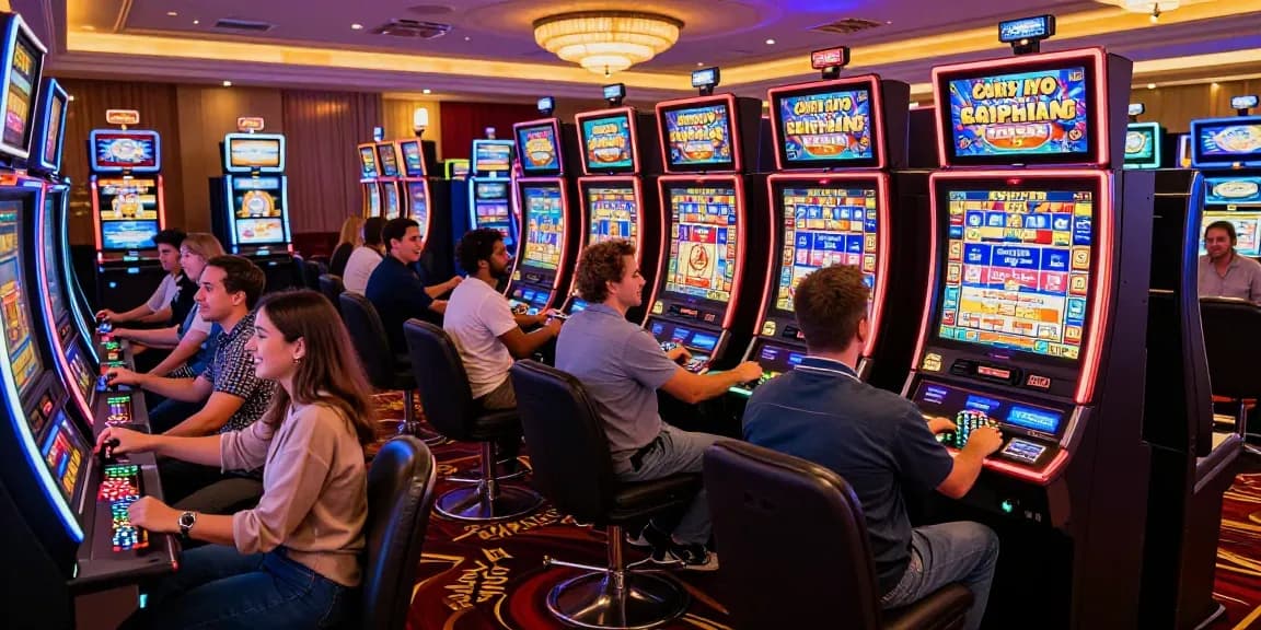 Slot players enjoying vibrant machines in a lively casino