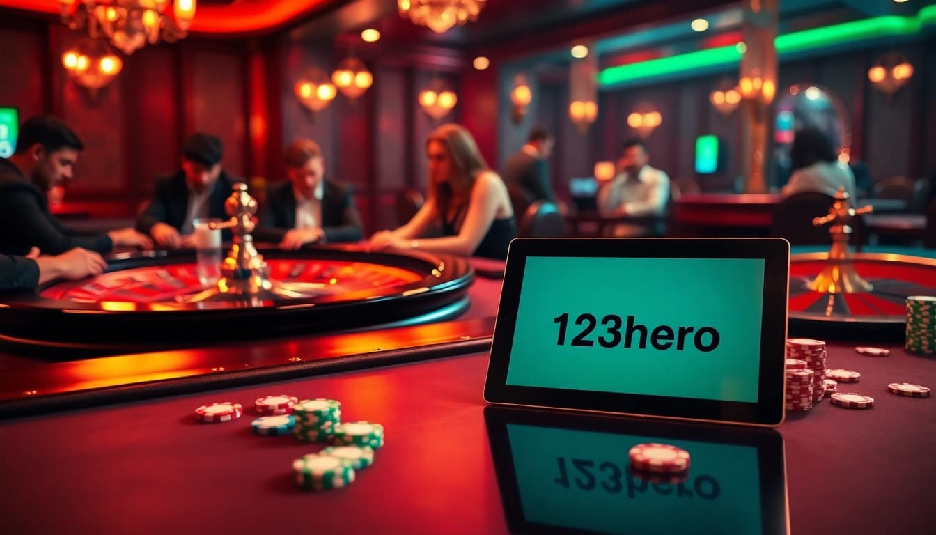 Engage with the thrilling casino experience featuring 123hero, poker chips, and roulette.