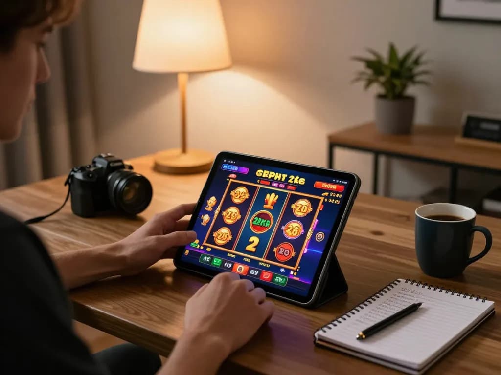 Engaging in a slot deposit 2rb game on a tablet, vibrant digital slots displayed, cozy home setup.