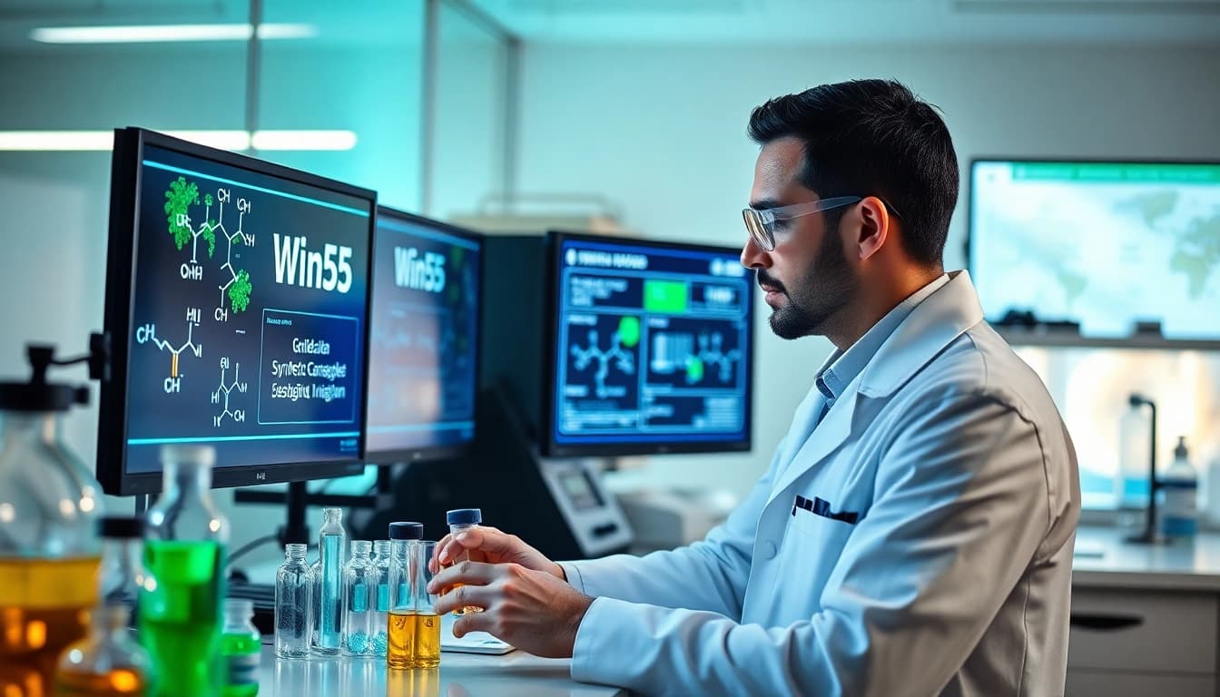 Researcher examining win55 cannabinoid compounds in a modern laboratory setting