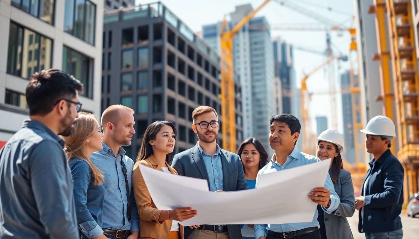 Construction association members examine blueprints amid an urban construction site, fostering collaboration.