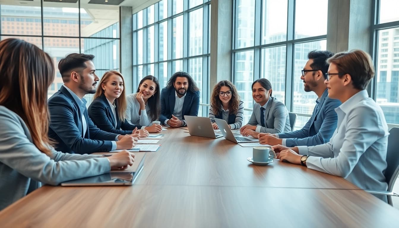 Engage in strategic business discussions around a conference table in a modern office.