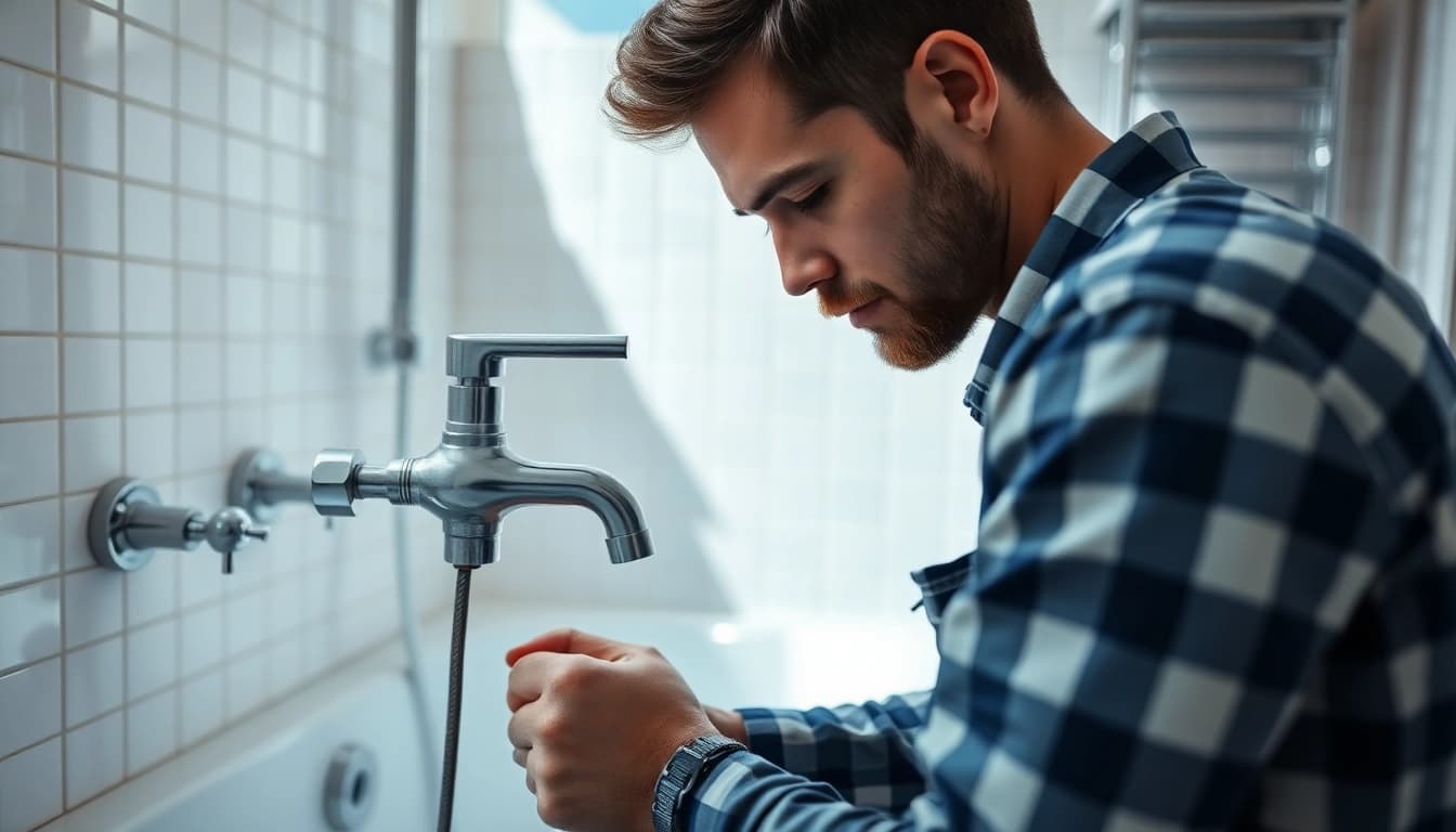 Expert plumbers bristol repairing a leaky faucet in a modern bathroom with professional tools.