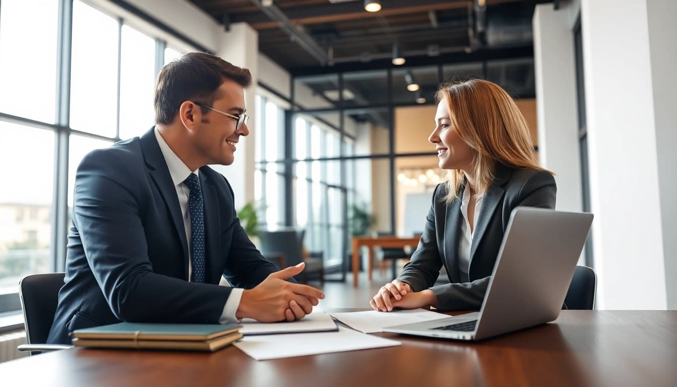 Engaged attorney at https://www.shiverhamilton.com consults with a client in a bright office, showcasing professionalism.