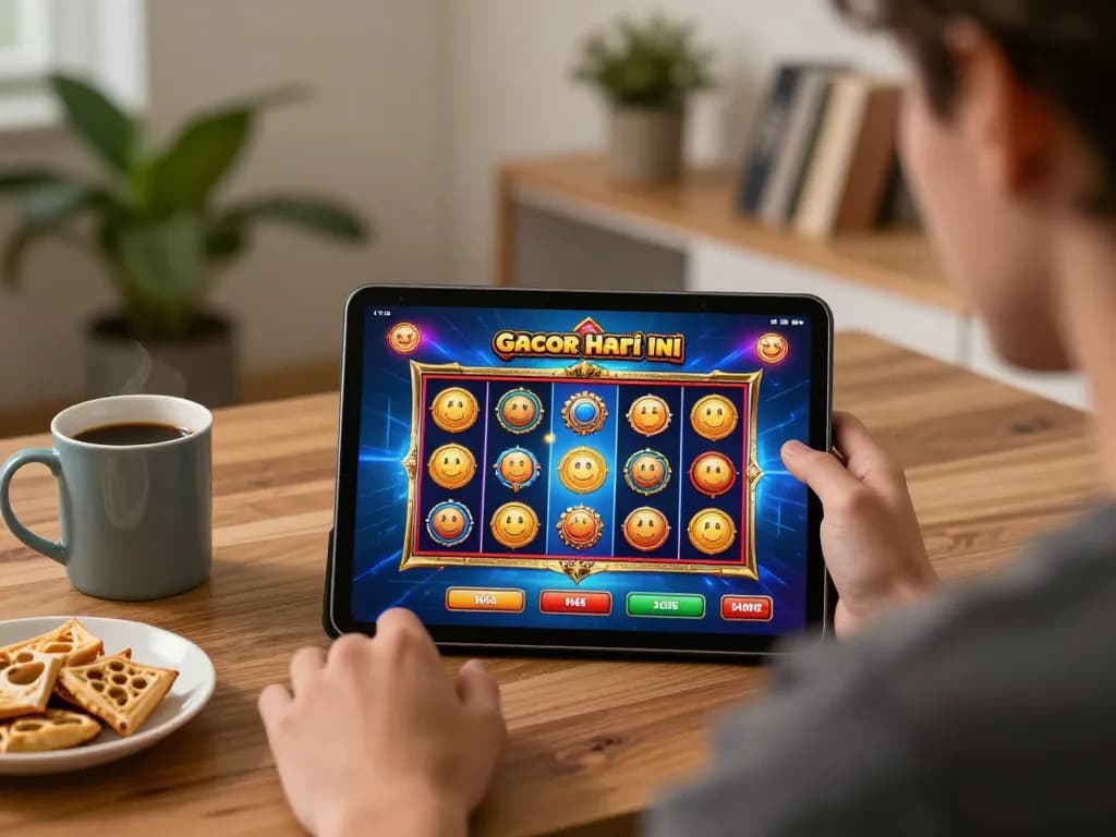Engaging with slot gacor hari ini on a tablet in a cozy home casino setup.