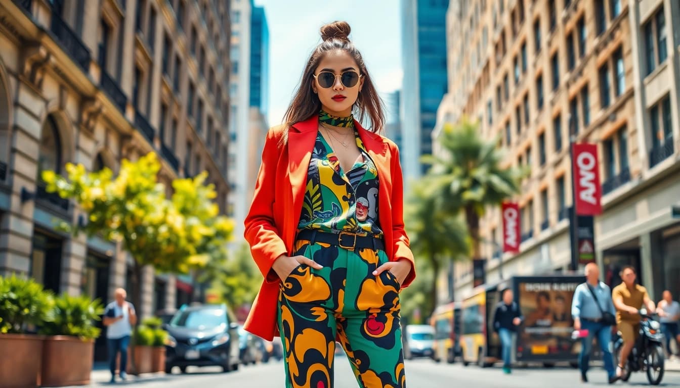 Fashion model exuding style and confidence in a vibrant urban setting.