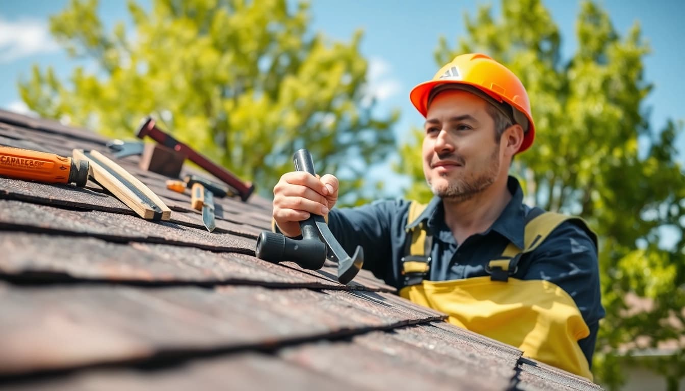 Roofer conducting a roof repair inspection, ensuring safety and quality.