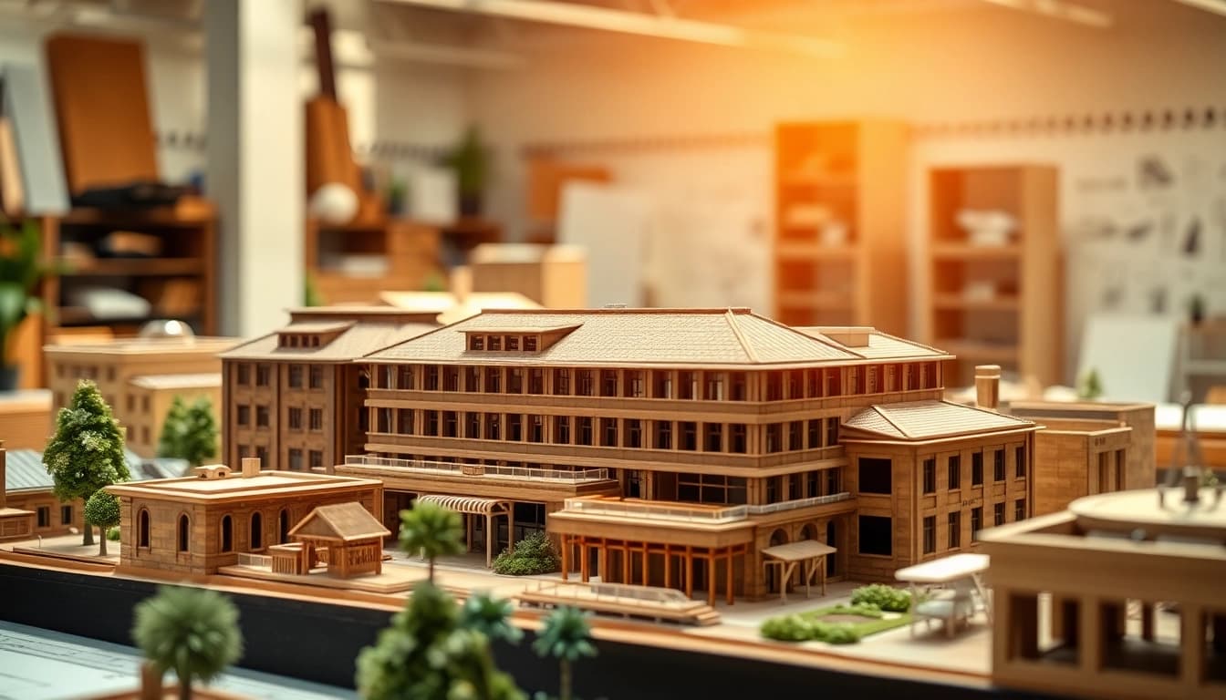 Architekturmodellbau Freiburg: Detaillierte Modelle in modernem Arbeitsbereich anzeigen.