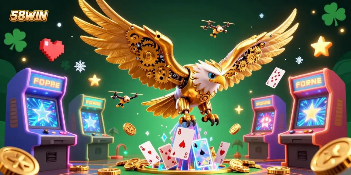 Experience thrilling games at 58WIN with vibrant 3D illustrations of intricate casino elements.