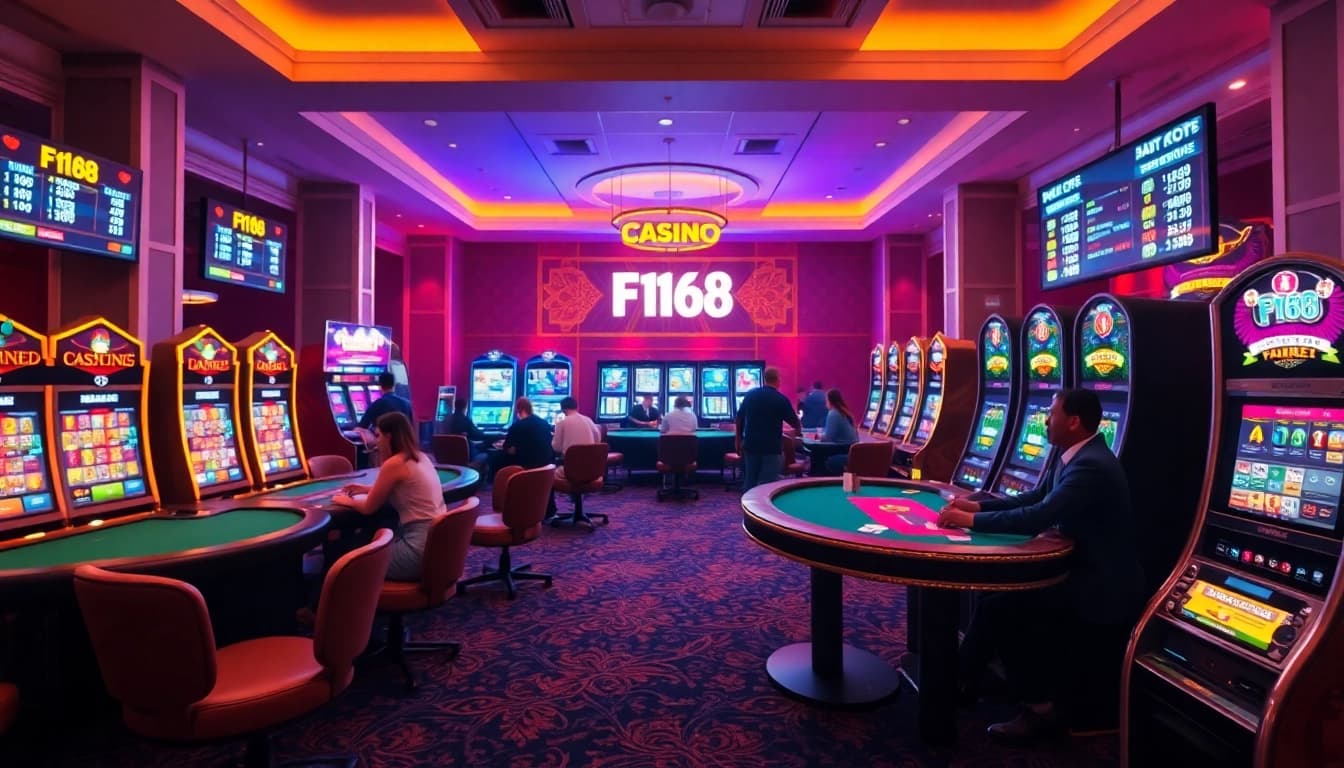 F168 online casino with vibrant gaming tables and colorful slot machines.